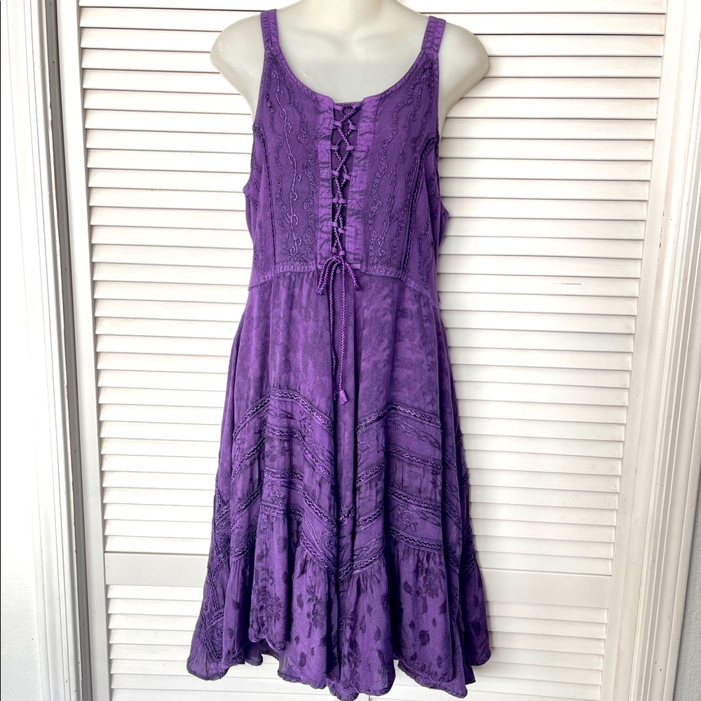 Vintage Flower Boho Embroidered Dress Free Size Purple